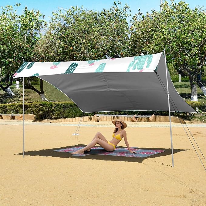Bolaz Beach Canopy Tent Sun Shade9'×10.5' Large Family Beach Shade UPF50+- Outdoor Shade for Camping Trips FishingCute Turquoise Cactus Pattern