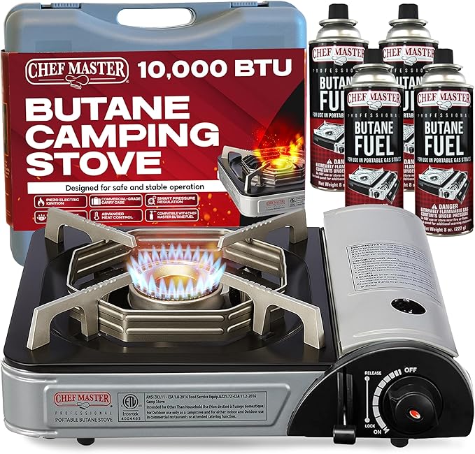 Chef-Master 90011 Butane Countertop Stove 10 000 BTU Portable with Carry Case High Performance Piezo Ignition Brass Burner Safety Stop