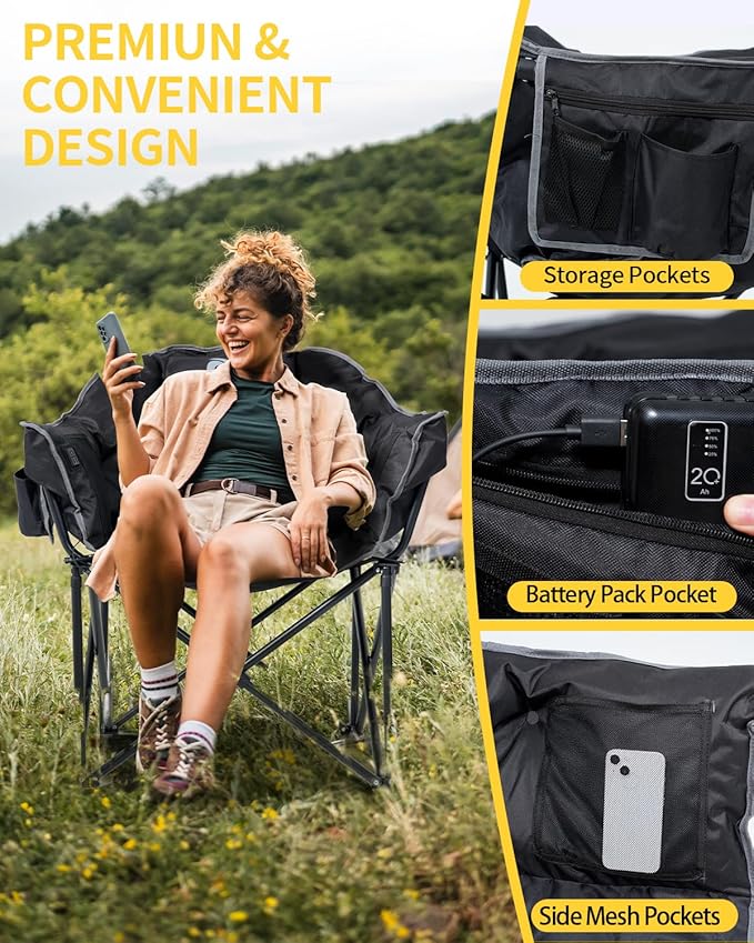 NAIZEA Heated Camping Chair Oversized Heated Folding Outdoor Chair for Adults with 3 Heat Levels Portable Foldable Patio Lounge Chair for Sports Outdoors Camp Battery NOT Included