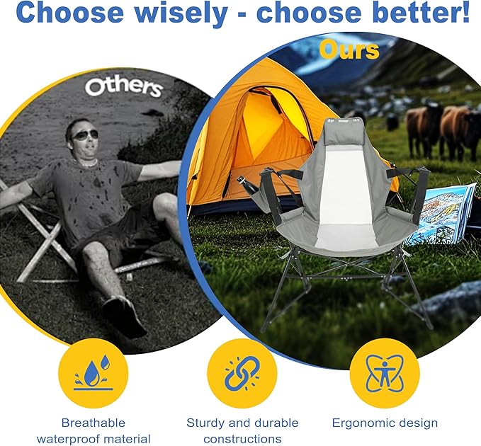 Hammock Camping Chair Portable Chairs with Pillow Cup Holder and Carry Bag Lightweight Foldable Chair for Outside Camping Hiking Travel Beach and Sports (Grey)
