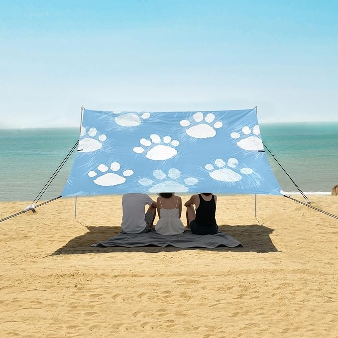 Blue Paw Print Beach Tent Sun Shelter 9.2' x 10.5' Beach Canopy with 4 Sandbags 4 Stability Poles Sand Shovels - Tent Canopy for Beach Camping Fishing Picnics