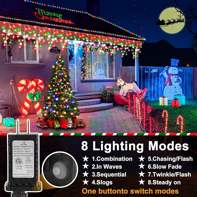 Christmas Lights Outdoor 164FT 1600 LED Ice Lights for Outside 320 Drops Ice String Lights with 8 Modes Waterproof Timer &amp Memory for Yard Garden Eaves Patio Party (Red Green and Cool White