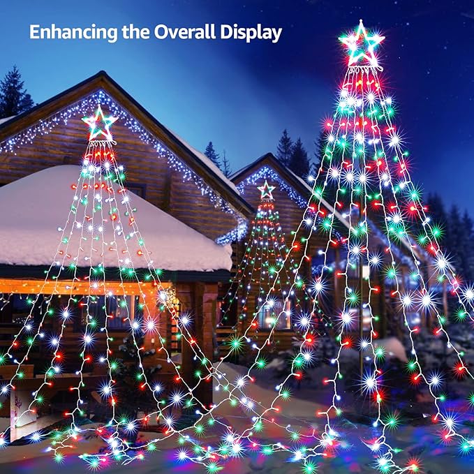 BlcTec Outdoor Christmas Lights 344 LED Christmas Star Lights with 9 Strands 11.9ft Waterfall Tree Lights 8 Modes Waterproof &amp Timer for Garden Yard Patio Outdoor Xmas DecorationsRed Green Whit