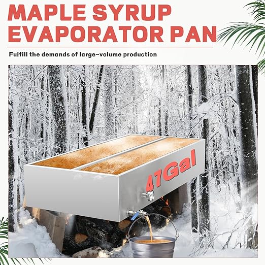 Maple Syrup Evaporator Pan 47Gal 304 Stainless Steel Maple Syrup Evaporator with Valve Thermometer and Divided Design 48 x 24 x 9.4 Inch Feed Pan for Boiling Maple Syrup for Home and Outdoor Use