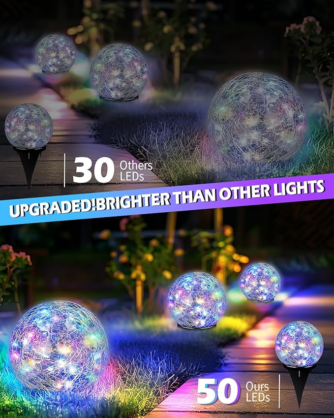 Coroor Garden Solar Ball Lights Outdoor Waterproof 50 LED Cracked Glass Globe Solar Power Ground Lights for Path Yard Patio Lawn Outdoor Decoration Landscape Colorful(2 Pack 4.7'')