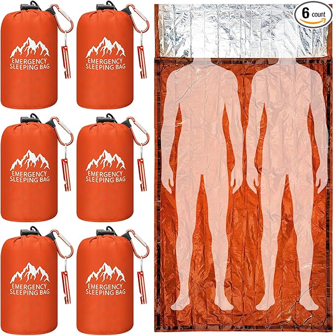 Oudain 6 Pcs XL Emergency Sleeping Bag 94.5 x 49.2 Waterproof Survival Sleeping Bag with Whistle Carabiner Portable Thermal Bivy Sack Emergency Blankets for Camping Hiking Outdoor