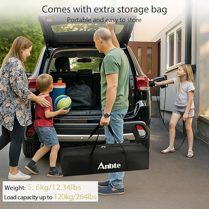 Anbte 34.2” Tall Camping Table Foldable 2 Adjustable Height Large Roll Up Camping Table Support 264lbs with Storage Basket and Bag Waterproof for Travel BBQ Outdoor Patio 39.4” x 19.7” Black