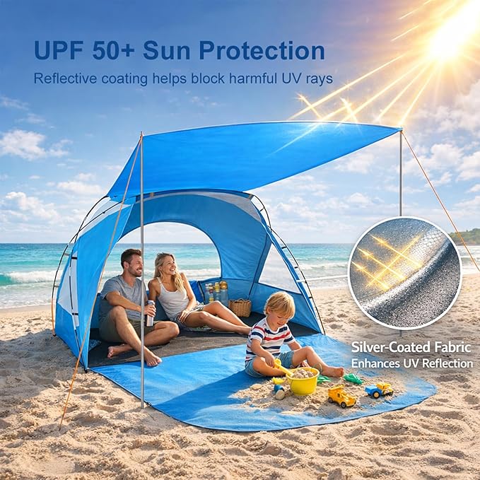 Beach Tent Portable Sun Shelter for 2/3/4/6-8 Person with UPF 50+ UV Protection Easy Setup Waterproof Beach Shade Canopy Cabana for Family Outdoor and Picnics Fishing with Carrying Bag