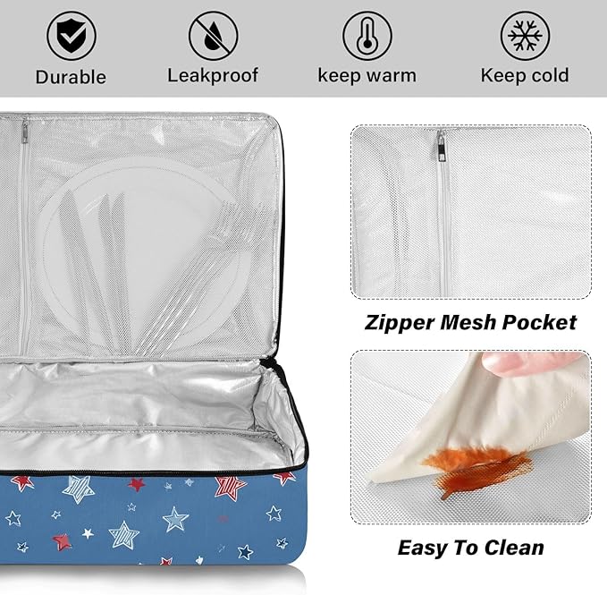Casserole Carrier Red Blue Stripes StarsInsulated Casserole Carrier for Hot or Cold Food Thermal Lunch Tote for Potluck Parties Picnic Beach Fits 9 x 13 Inches Baking Dish