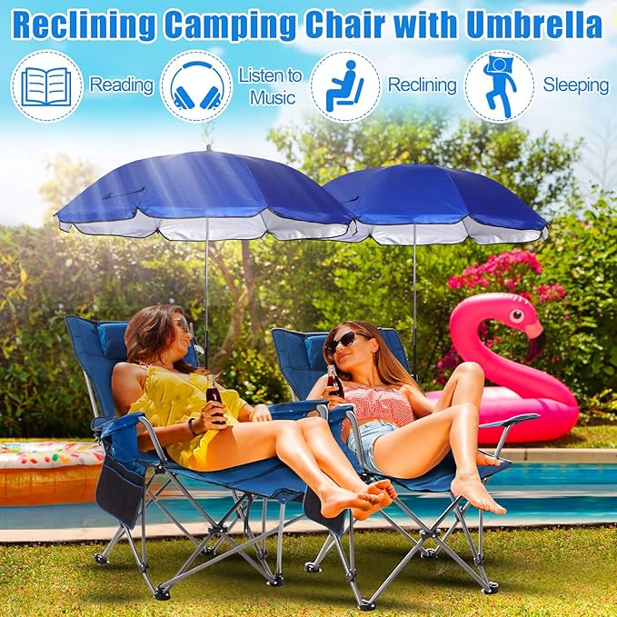 Karenhi 2 Set Beach Camping Chair with Umbrella for Adult Folding Reclining Camping Chair with Foot Rest Adjustable Clamp Canopy Shade for Outdoor Patio Travel Beach(Blue)