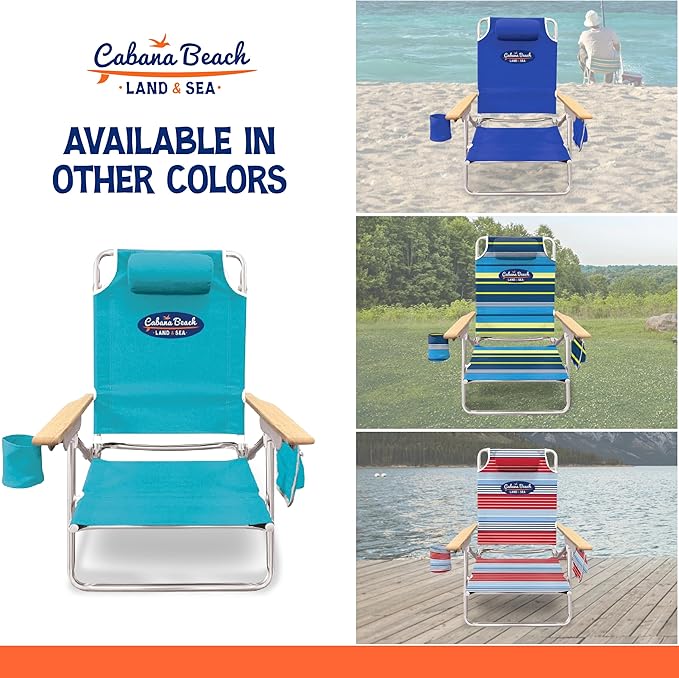 Cabana Beach Folding Beach Chair 5 Position Lightweight Portable Reclining Outdoor Camping Accessories with Headrest Shoulder Strap and Cup Holder Blue