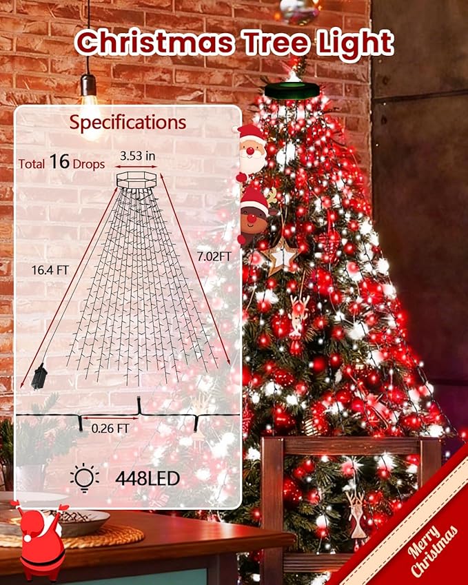 2025 New Christmas Tree Lights Indoor with Voice Control &amp Remote | 448LED Waterfall Tree Topper Lights with 12 Modes &amp Timer 7FT x 16 Lines Cascading Twinkle Lights for 7FT Xmas Decor(Red Wh