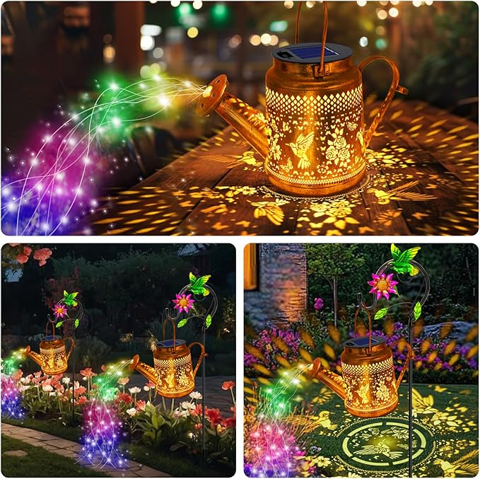 2 Pack Solar Lanterns Outdoor WaterproofHummingbird Watering Can Garden DecorHanging Solar Path Lights Yard ArtOutside Patio Decorations Gardening Christmas Gifts for Mom Grandma Women (with Hook)