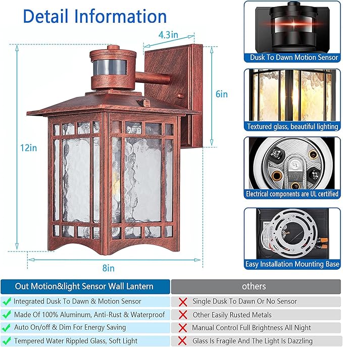 2 Pack Red Rustic Outdoor Wall Porch Lights - Motion Sensor Dusk to Dawn Waterproof Anti-rust Tempered Glass 8x6x12 inches