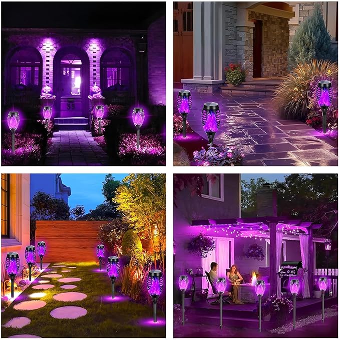 Solar Torch Light with Flickering Flame4Pack Solar Lights OutdoorWaterproof Solar Powered Yard Garden LightsSolar Flame LightTorches Lighting for Outside Patio Lawn Path Decorations (Purple)