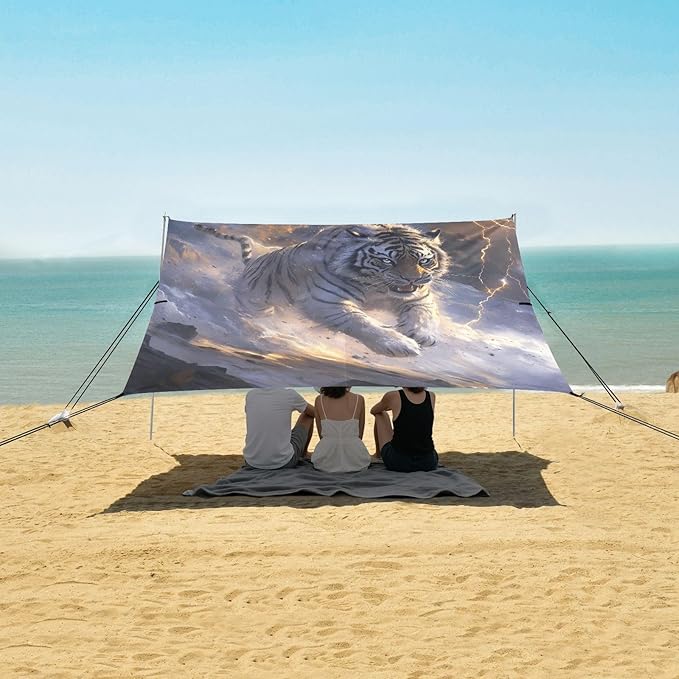 ALAZA Tiger Lightning Beach Tent Sun Shelter UPF50+ Protection Beach Shade Canopy w/ 4 Sandbags for Outdoor Camping Fishing Backyard Fun Picnic 10x9 ft