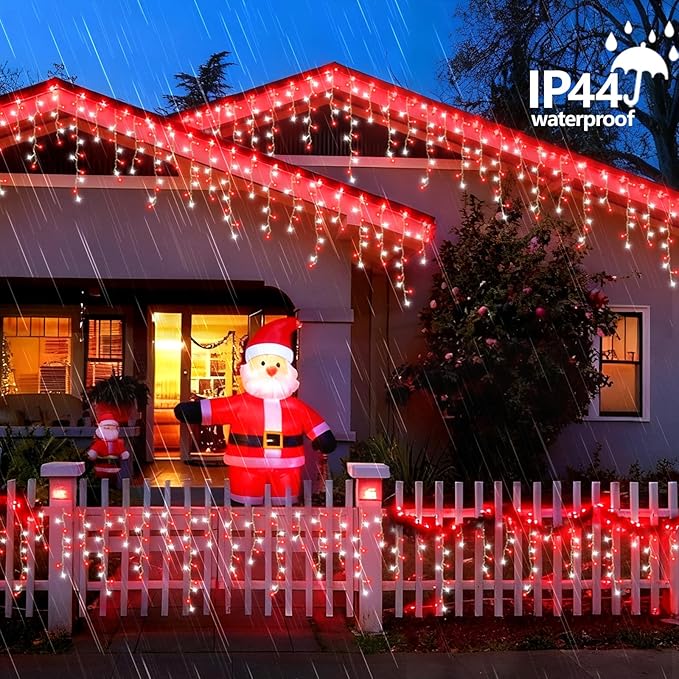 QITONG Red and White Icicle Lights for Outside 33ft 400 LED String Light with 8 Modes Clear Wire Connectable Icicle Christmas Lights Indoor Plug in