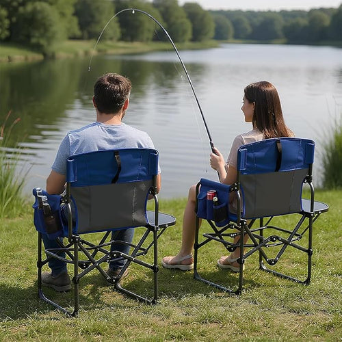2 Pack Directors Camping Chairs with Side Table &amp Pocket Heavy Duty 400LB Capacity Portable Folding Chairs for Adults Outdoor Lawn Beach Chair for Camping Sports Backyard (Navy &amp Grey)