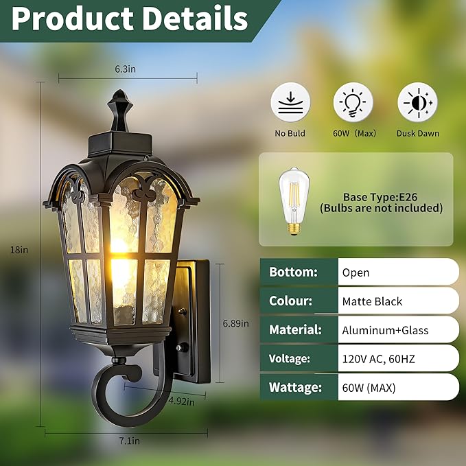 Dawn to Dusk Sensor Outdoor Wall Light Fixtures Waterproof Porch Lights Anti-Rust Matte Black Sconce Lights Outdoor Wall Lantern for Patio Front Door Garage House