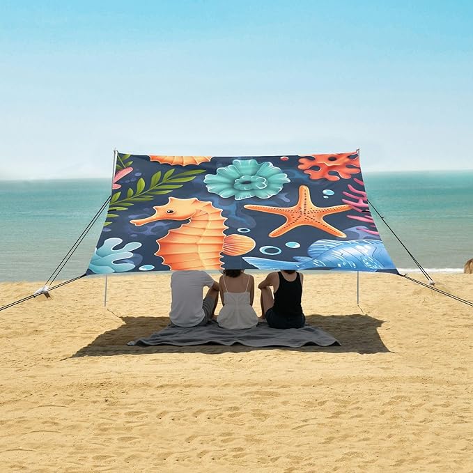 Seahorse Starfish Coral Cartoon Camping Sun Shelter Beach Tent Portable Beach Sun Shade Outdoor Canopy for Camping Trips Fishing Picnic