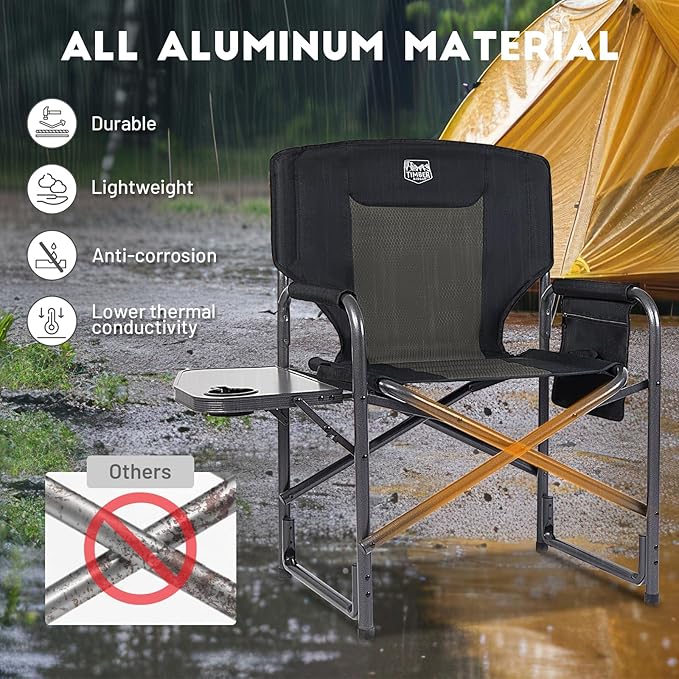 TIMBER RIDGE Aluminum Oversized Camping Chair Lightweight Portable Directors Chair with Side Table Detachable Side Pocket for Outdoor Camping Lawn Picnic Support 400lbs Black