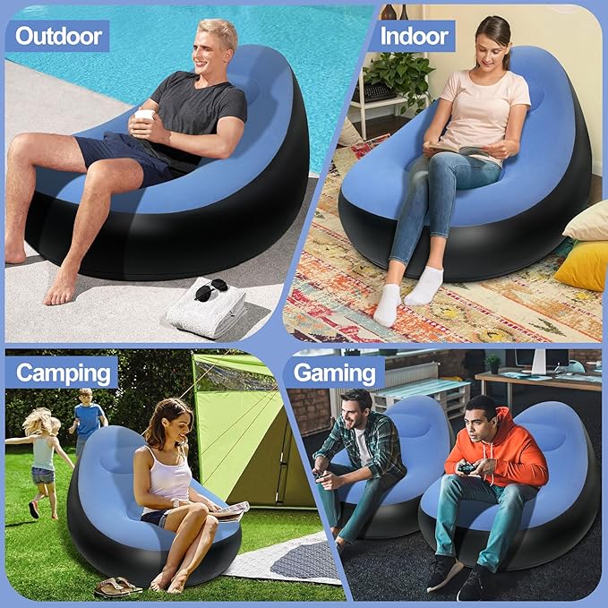Inflatable Chair with Ottoman Inflatable Couch for Adults with Flocked Surface Comfortable Blow Up Air Chair Waterproof Portable Air Sofa Inflatable Couch for Camping(Blue) (Without Pump)