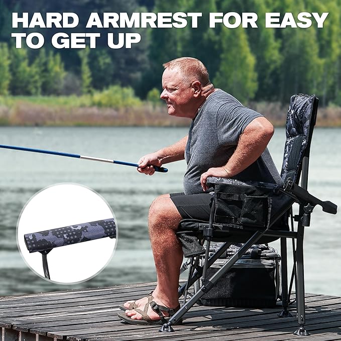 X Strike Oversized Folding Fishing Chair with Rod Holder Heavy Duty 350LBS Feet Adjustable Padded Camping Chair with Cup Holder Side Pocket Hard Armrest