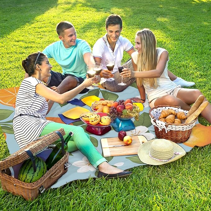 Waterproof Sandproof Beach Blanket 59''×68'' Fruit Orange Blossom Polyester Outdoor Picnic Blanket with 4 Stakes &amp Storage Bag for BeachCampingVacation