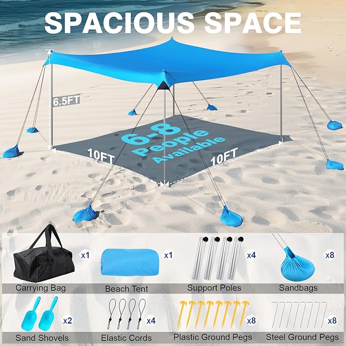 Rhino Valley Beach Tent Shade Canopy UPF50+ Protection 8 Sandbags 4 Stability Poles Outdoor Sun Shelter Umbrella for Sand Camping Fishing Essentials