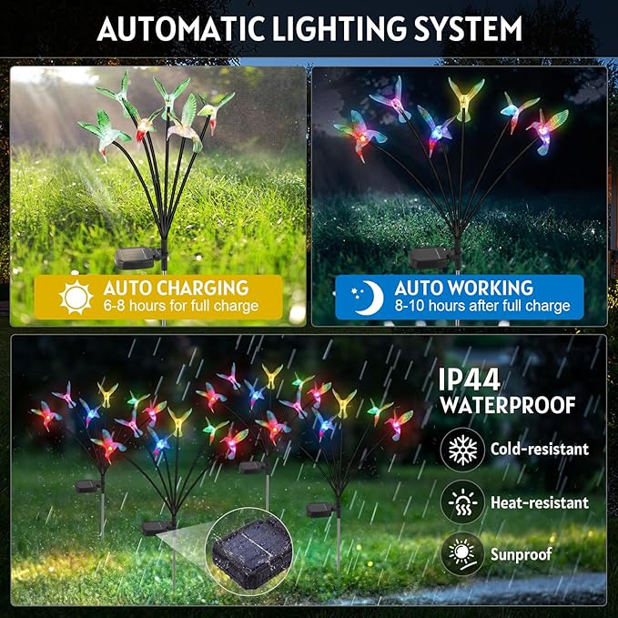 4 Pack Solar Hummingbird Lights Outdoor Garden 6 Head Solar Swaying Pathway Stake Lights Waterproof for Yard Lawn Patio Walkway Landscape Decor