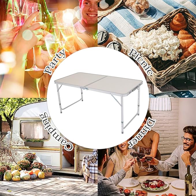 Folding Table 4 FootPortable Camping Camping with Handle3 Height AdjustableAluminium Alloy Dining Card Table Picnic Party Table for Banquet Party Dining Picnic Camp Kitchen BBQSilver 4 FT