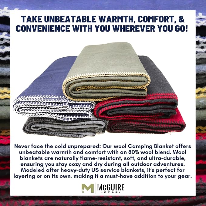 M MCGUIRE GEAR Heavy Duty Wool Blanket Survival Emergency and First Aid Use – Mil-Spec Fire Retardant Durable Outdoor Wool Blankets for Camping. - OD Green (64 x 90 inches)