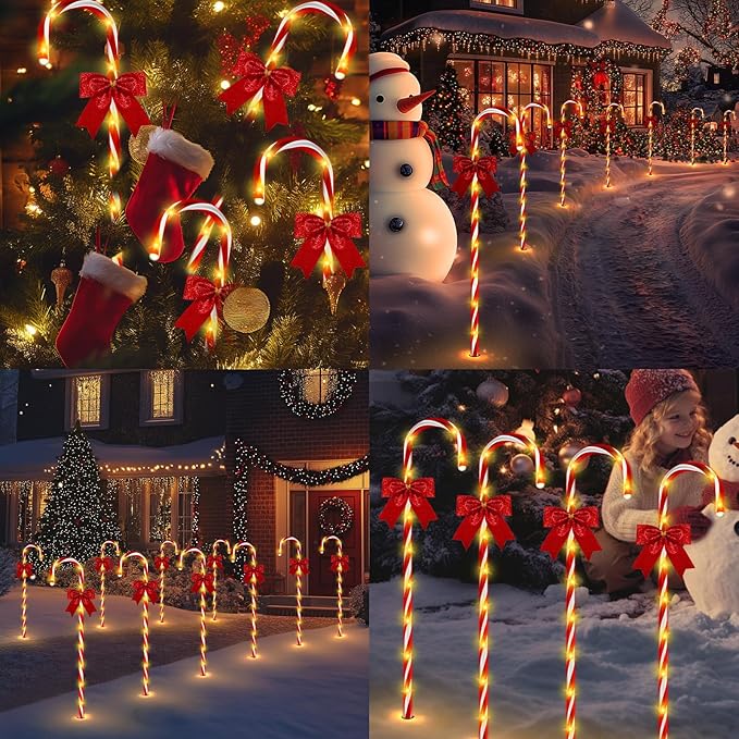 40in Christmas Solar Candy Cane Pathway Lights 12Pcs 120 LED Solar Outdoor Christmas Decorations with Red Bow Waterproof 8 Modes Timer Remote Walkway Garden Light for Xmas Yard Lawn Patio Decor