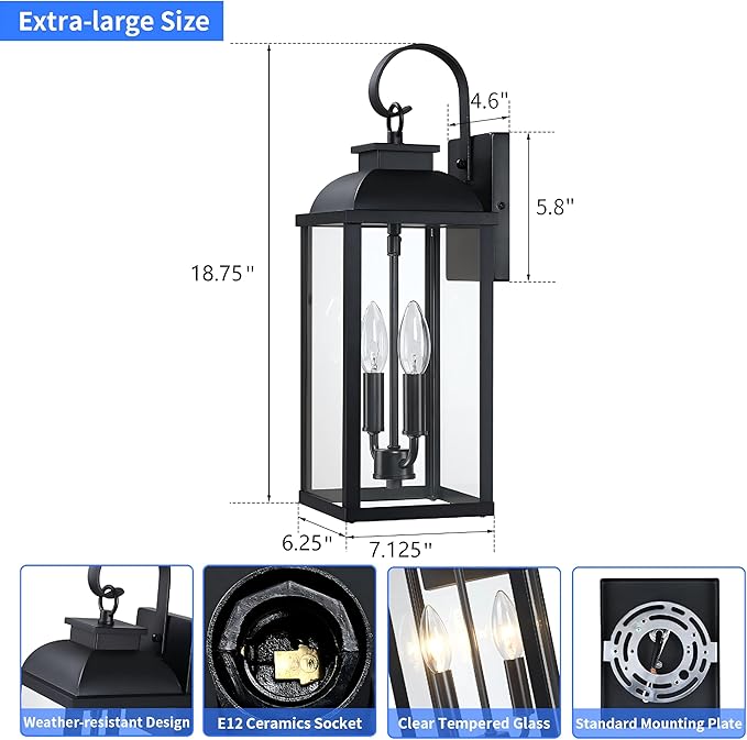 18.7'' Large Outdoor Wall Sconce 2-Light Black Exterior Front Porch Light Fixture Modern Outdoor Porch Lamp with Tempered Glass Waterproof Outside Wall Lantern for Patio