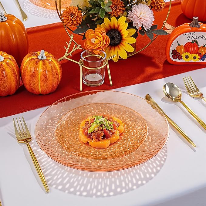 Rubtlamp 60Pcs Orange Plastic Plates Orange Plastic Disposable Plates With Hammered Design Party Platos Fancy Disposable Platos Include 30Dinner Plate30Desssert Plate For Spring Easter