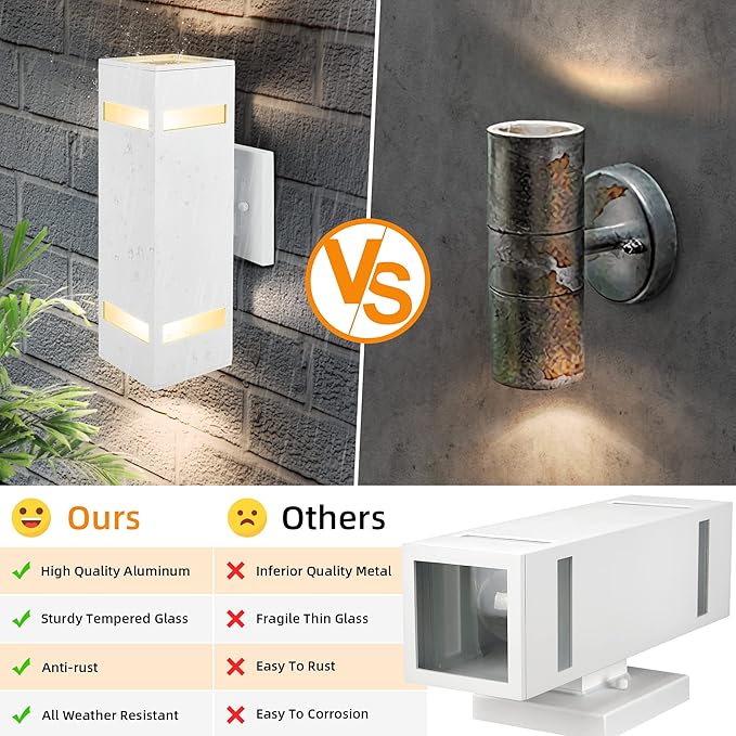 Aluminum Modern Outdoor Wall Lights Exterior Up Down Lighting Square Cylinder Porch Wall Lantern for Entryway Front Door Hallway Garden Matte White Finish [UL Listed]