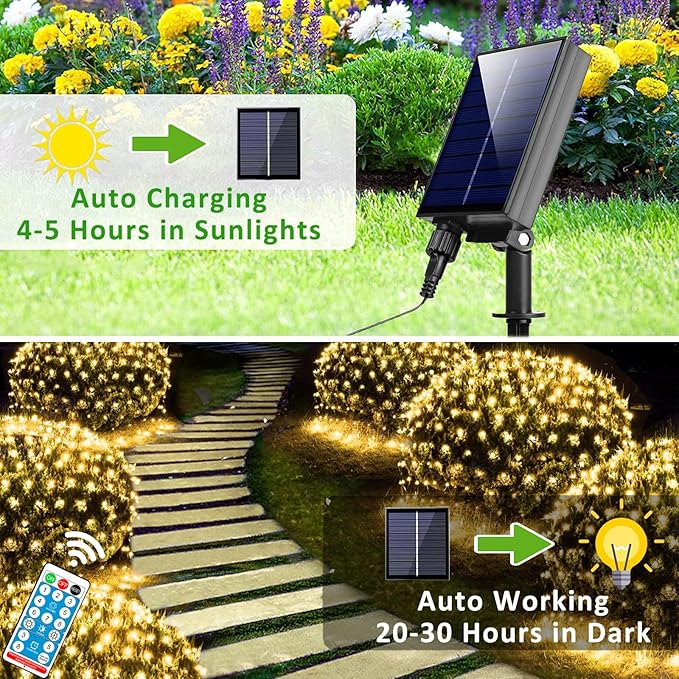 11.5FT x 5FT Solar Christmas Net Lights Outdoor with Remote 240 LED USB Warm White Mesh Lights for Bushes Waterproof 8 Modes Green Wire Christmas Trees Light Patio Indoor Decor