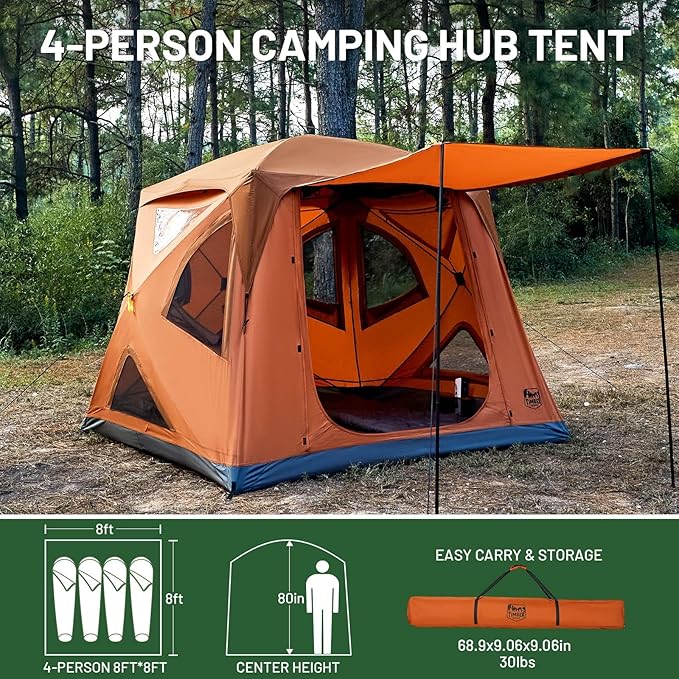 TIMBER RIDGE Instant Pop Up Hub Tent 4 Person Portable Weather Resistant Camping Tent 60 Second Set-Up Easy Up Tents with Rain Fly and Carry Bag Orange