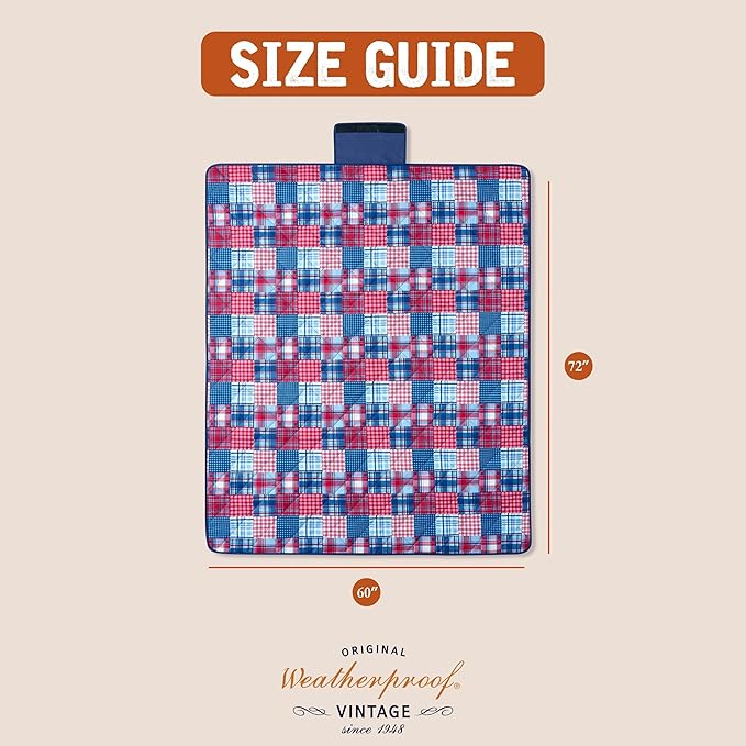 Weatherproof Vintage Waterproof Outdoor Blanket- Blue and Red Roll Up Throw Blanket with Handle Velcro Closure - Camping Supplies Travel Blanket for Beach Picnic &amp Events 60x72 (Madras)