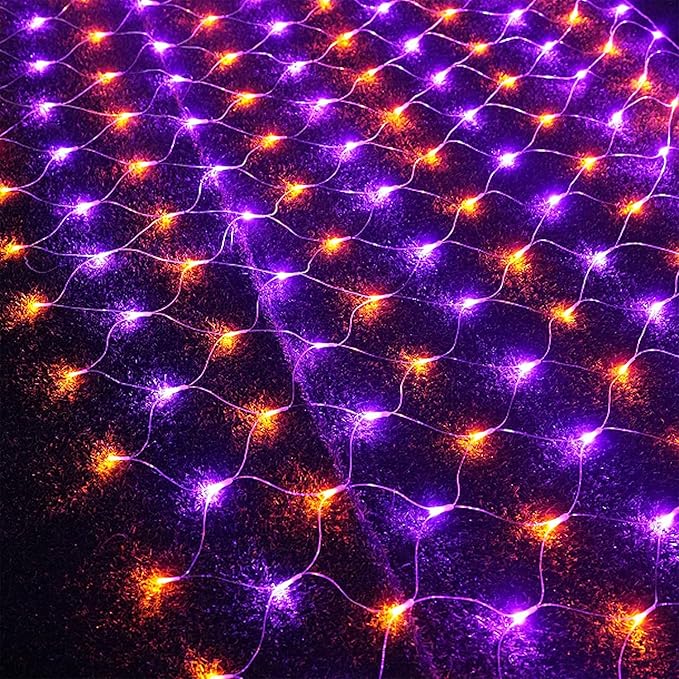 WATERGLIDE Outdoor Halloween Net Lights 12FT x 5FT 360 LED Fairy String Light with 8 Lighting Modes Connectable Light Safe Adaptor for Garden Tree Bushes Holiday Party Decorations Orange &amp Purp