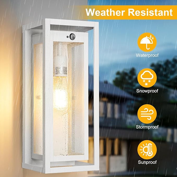 15 Motion Sensor Outdoor Lights 2 Pack Large White Outdoor Light Fixture 3 Lighting Modes Waterproof Anti-Rust Wall Sconces Exterior Lighting Fixtures for Front Door Porch Garage