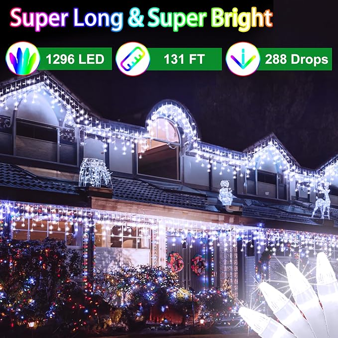 1296 LED 131FT Christmas Lights 288 Drops Outdoor Hanging lights with 8 Modes &amp Timer Plug in Curtain String Light Outdoor Waterproof for House Tree Holiday Wedding Party Outside Decor (Cool Whi