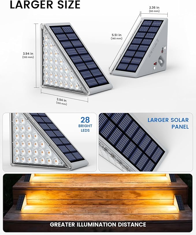 NIORSUN Outdoor Step Lights Upgraded 28 LEDs 2 Brightness Modes IP67 Waterproof Solar Stair Lights for Outside Steps 1200mAh Battery Long Runtime Warm White for Patio Deck Yard Porch 8 Pack