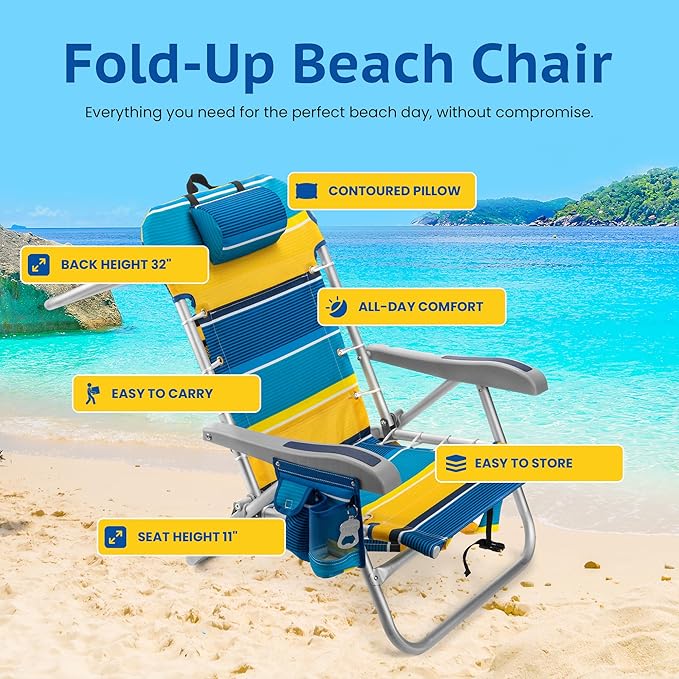 Homevative Backpack Fold-Up Beach Chair 5 Positions Towel bar Cooler Storage Pouch Cup Holder and Phone Pocket
