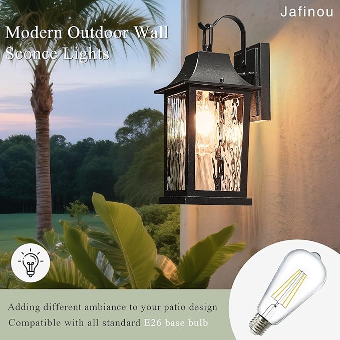 Outdoor Wall Light 13 Sconce with Water Pattern Glass Waterproof &amp Rustproof Exterior Lighting Weatherproof Front Porch Lightsfor House Garage Doorway Patio (1 Pack Black)