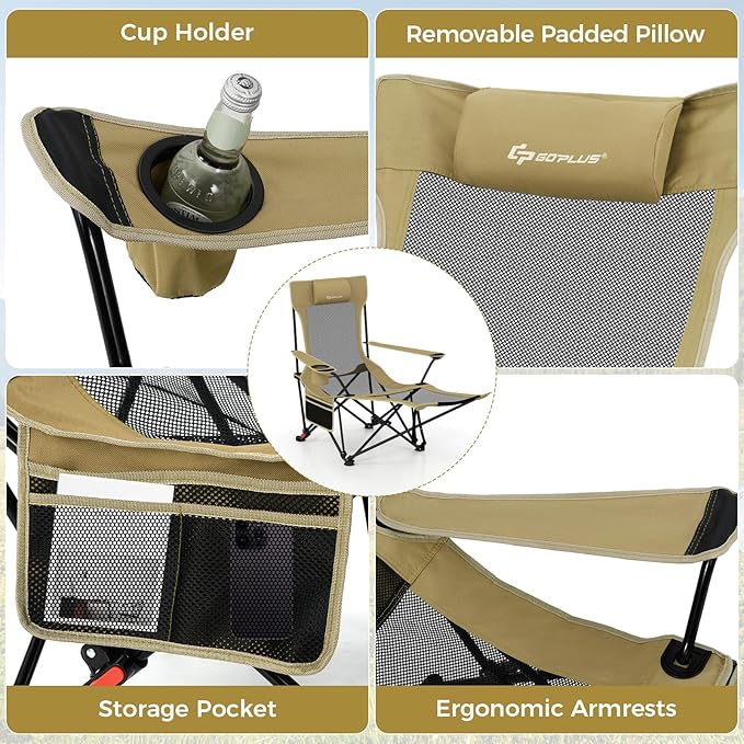Goplus Reclining Camping Chair with Foot Rest Folding Lounge Chair for Adults w/Adjustable Backrest Storage Bag &amp Cup Holder Portable Recliner Beach Chair Outdoor Camp Picnics 330 LBS (1 Kha