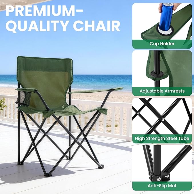 Folding Camping Chairs 2 Pack for Adults 300LBS Capacity Foldable Portable Lawn Chairs with Carry Bag Compact Design for Camp Beach Picnics and Outdoor (Green)