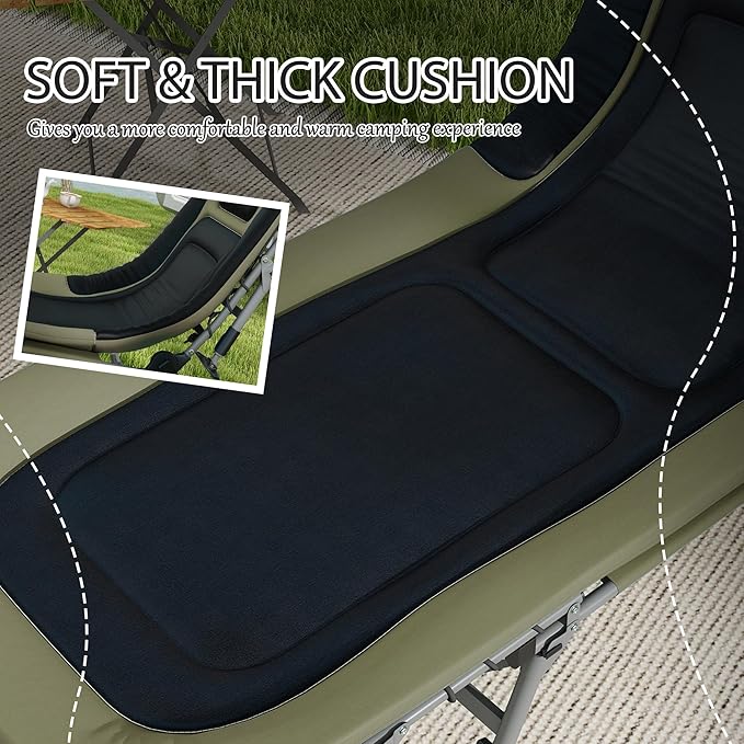 Camping Cot for Adults Folding Bed with Soft Padded Cushions Headrest 180° Adjustable Reclining Lounger Heavy Duty and Portable with a 400 lbs. Capacity Dark Green