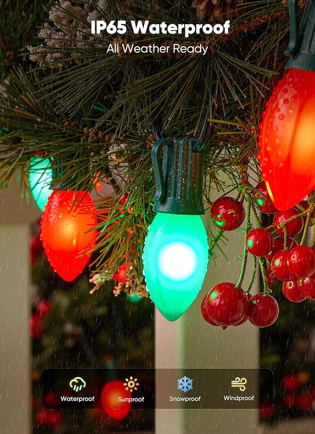 Minetom Vintage C9 LED Christmas Lights Outdoor 50 Feet C9 String Lights with 50 Shatterproof Matte Bulbs Connectable Waterproof Lights for Holiday Party Roofline Backyard Garden Patio Red &amp Gr