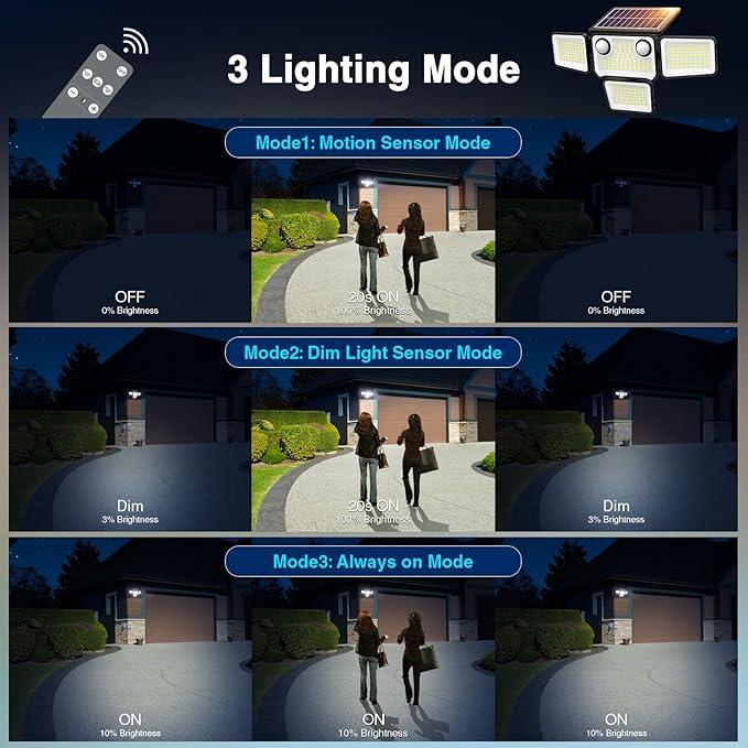 4500LM Solar Lights Outdoor Waterproof 254 LED Solar Flood Lights Outdoor with 2 Motion Sensor 4 Heads Security Light with Remote Control for Yard Outside House Garage 2 Pack